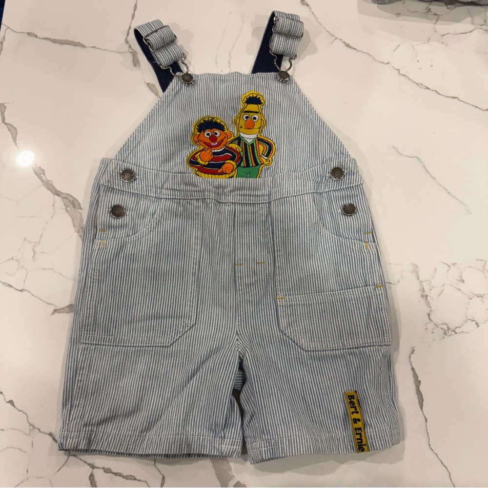 Vintage Sesame Street Character Overalls Blue Striped with 3T